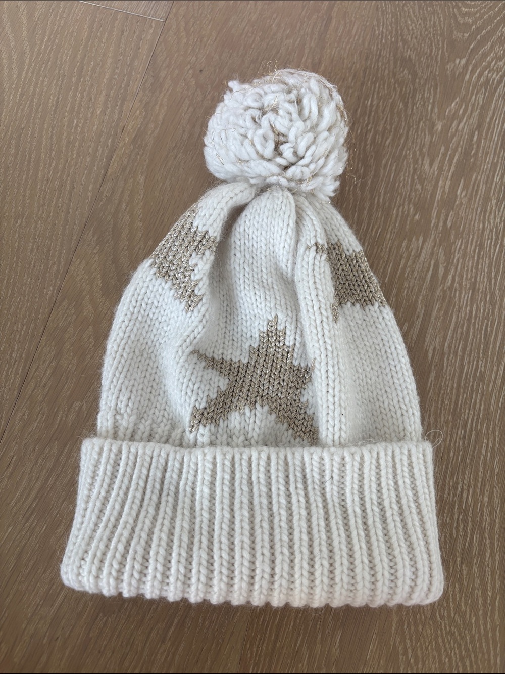 Coach Cream Knit Pom Hat with Gold Star Accents